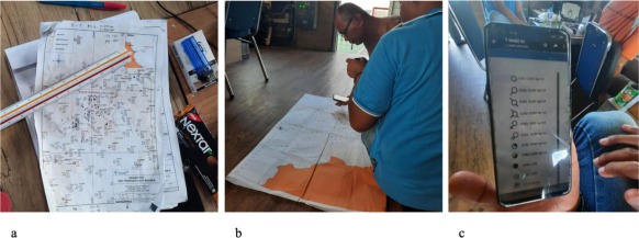 A triptych of photos of seabed mining maps. Left is a tin deposit planning map. Middle is two men matching estimated tin deposits on the map and actual tin production from data. Right is a phone screen showing a legend for reading the symbols for amounts of seafloor tin deposits.
